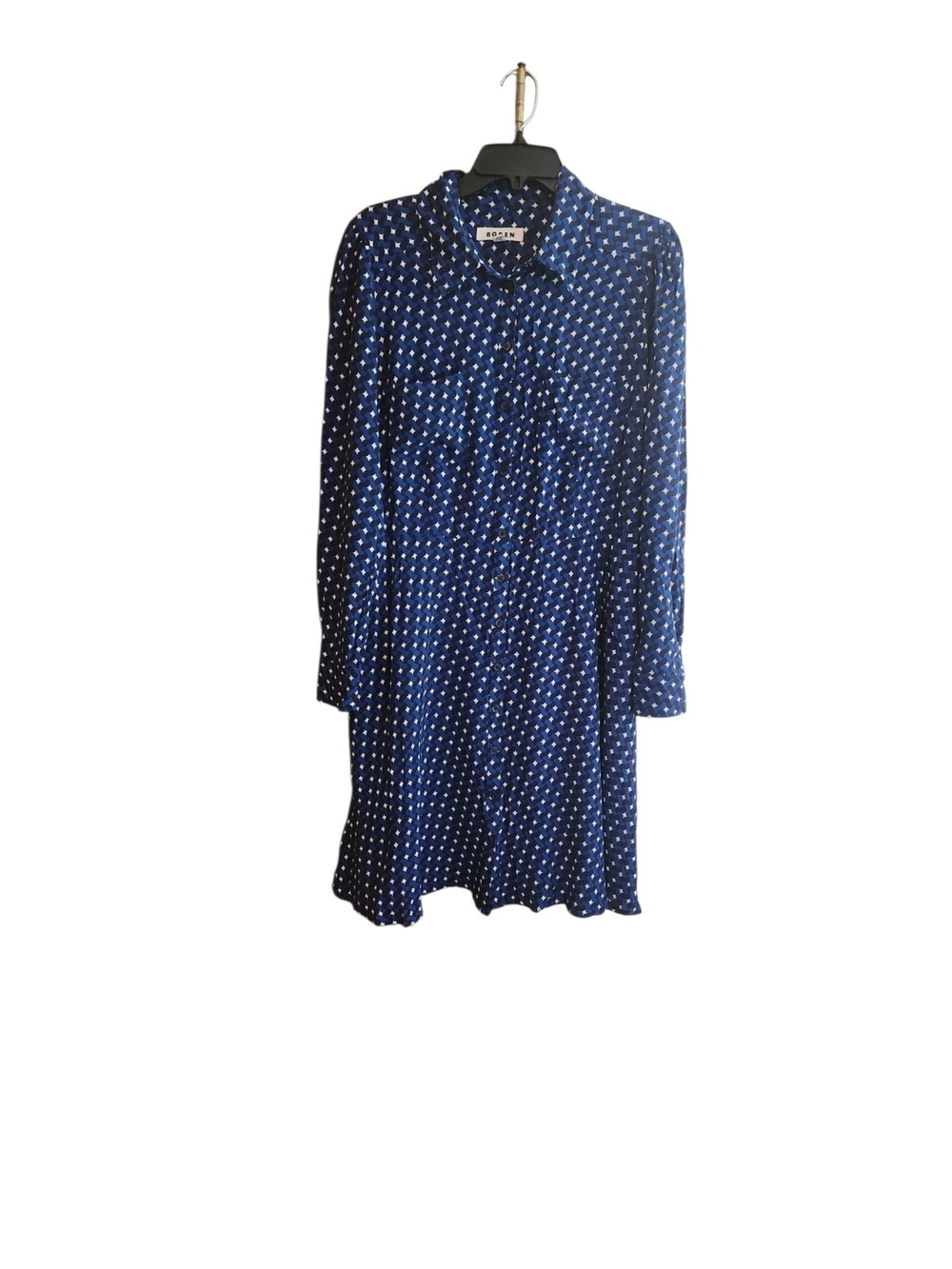 Boden Navy Blue Geometric Print Long Sleeve Front Pockets Shirt Dress